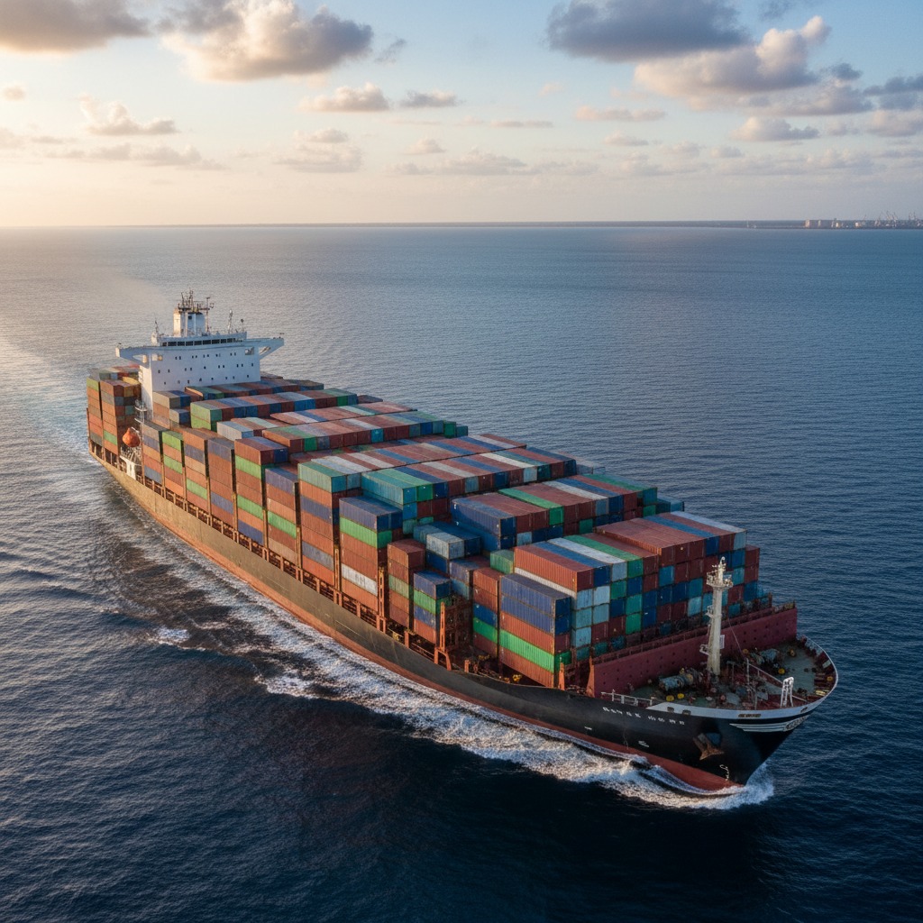 A large container ship loaded with colorful cargo containers sails across the open ocean under a cloudy sky.